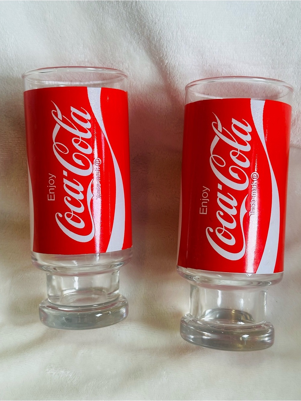 Vintage Coca Cola Glass Pedestal Tumbler 32-oz Extra Large Glasses Set of 2 Lot